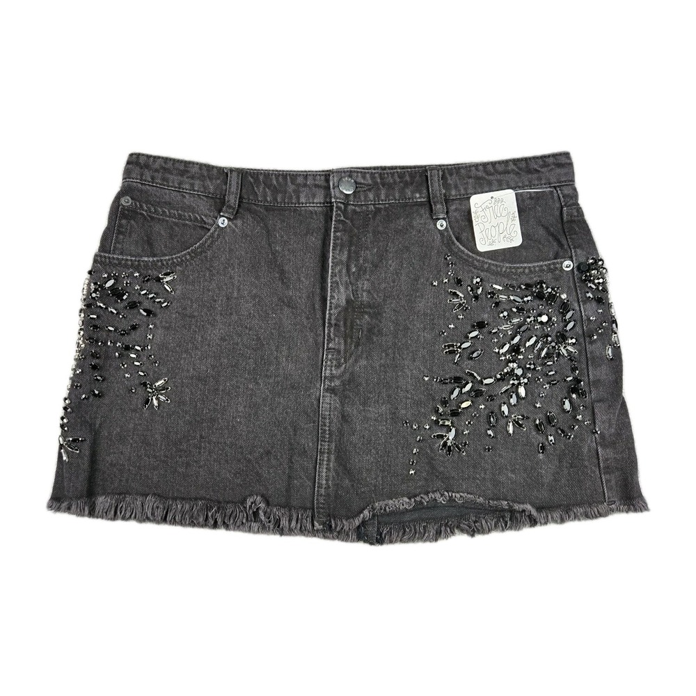 Free People Jean Mini Skirt Black Rhinestone Frayed Womens Size 10 Embellished